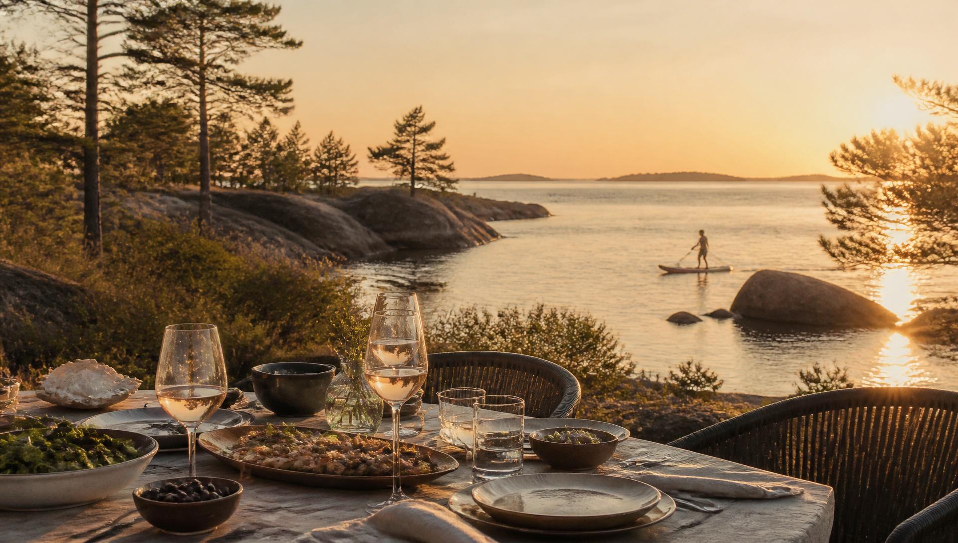 Sunset dining by the Baltic Sea with paddleboarding in the distance